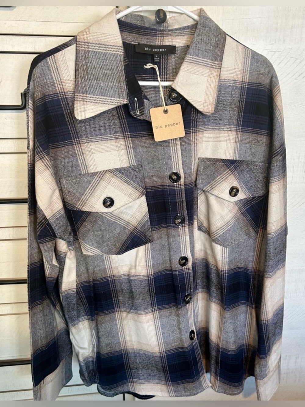 Blu Pepper Navy and Cream Plaid Utility Shacket